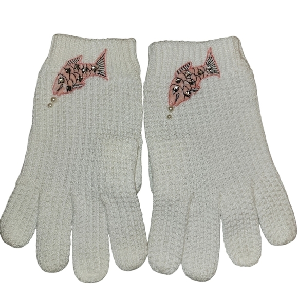 White Cotton Gloves XS Fish Embroidery Pearl Sequin NWOT